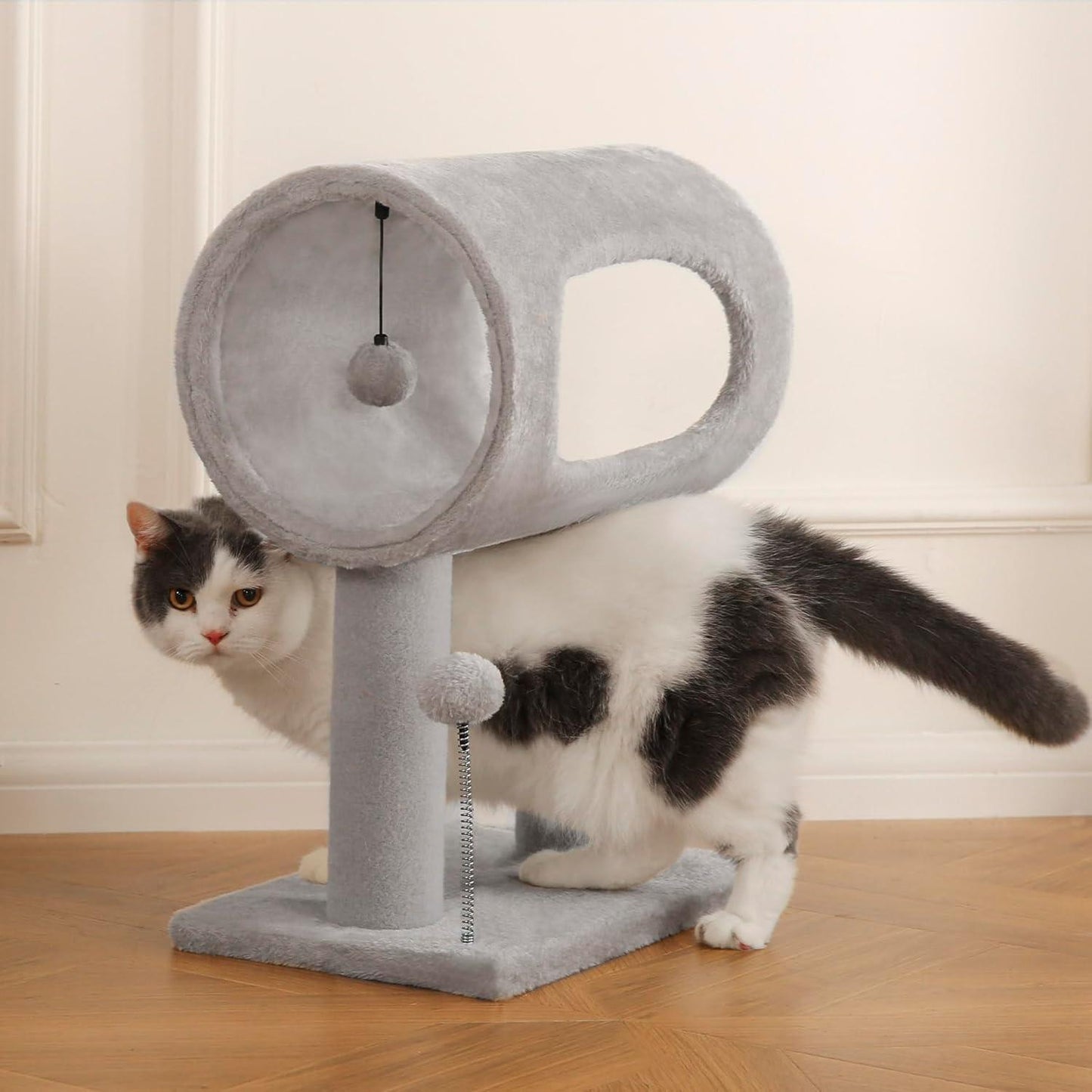Premium Gray Indoor Cat Tree - 20.5in with Hanging Ball | Tunnel Bed, Scratching Post & Cat Tower