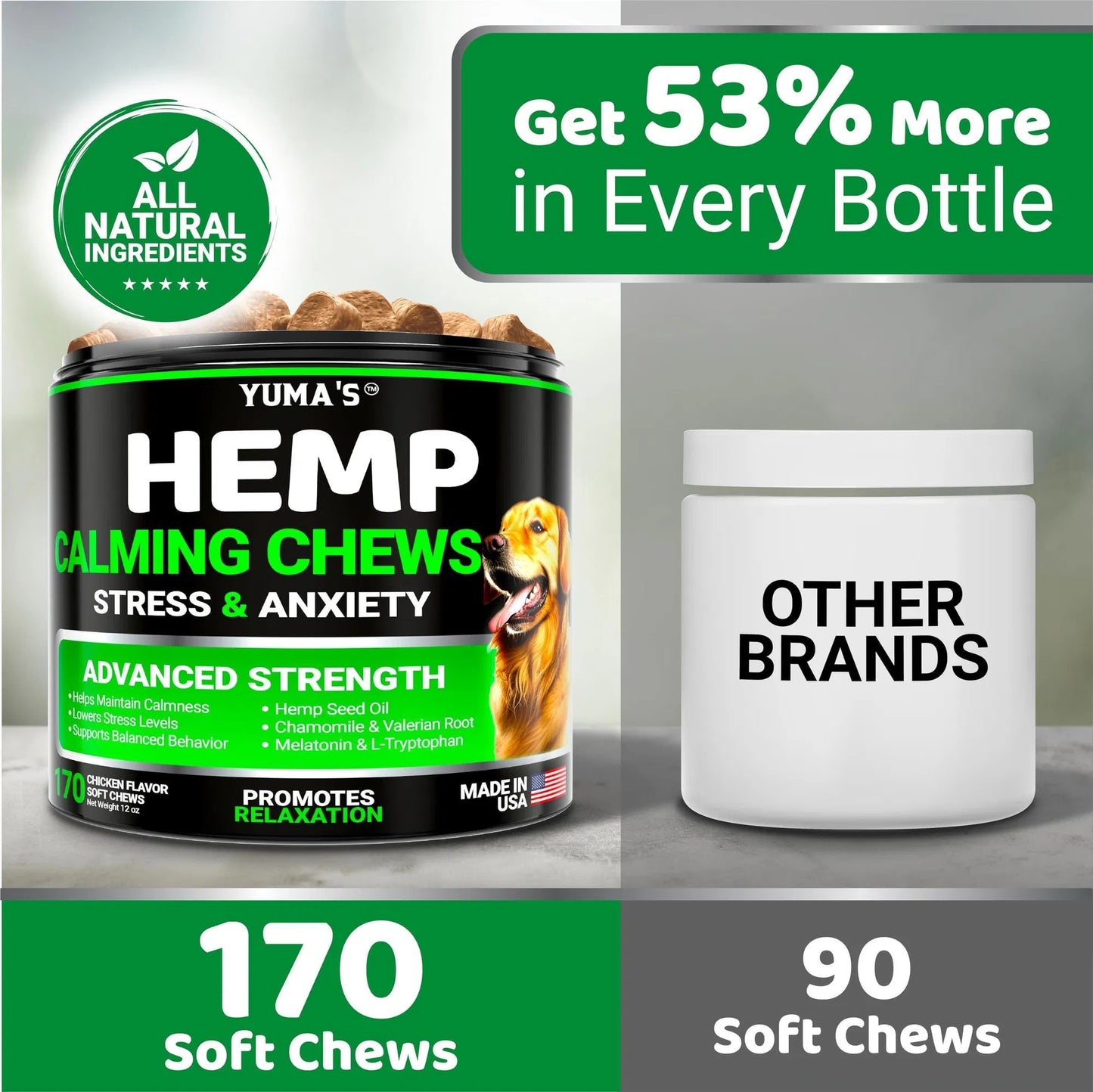 Advanced Natural Hemp Calming Treats for Dogs - 170 Delicious Chews Anxiety Relief for Separation, Barking & Thunderstorms - with Melatonin & Hemp Oil