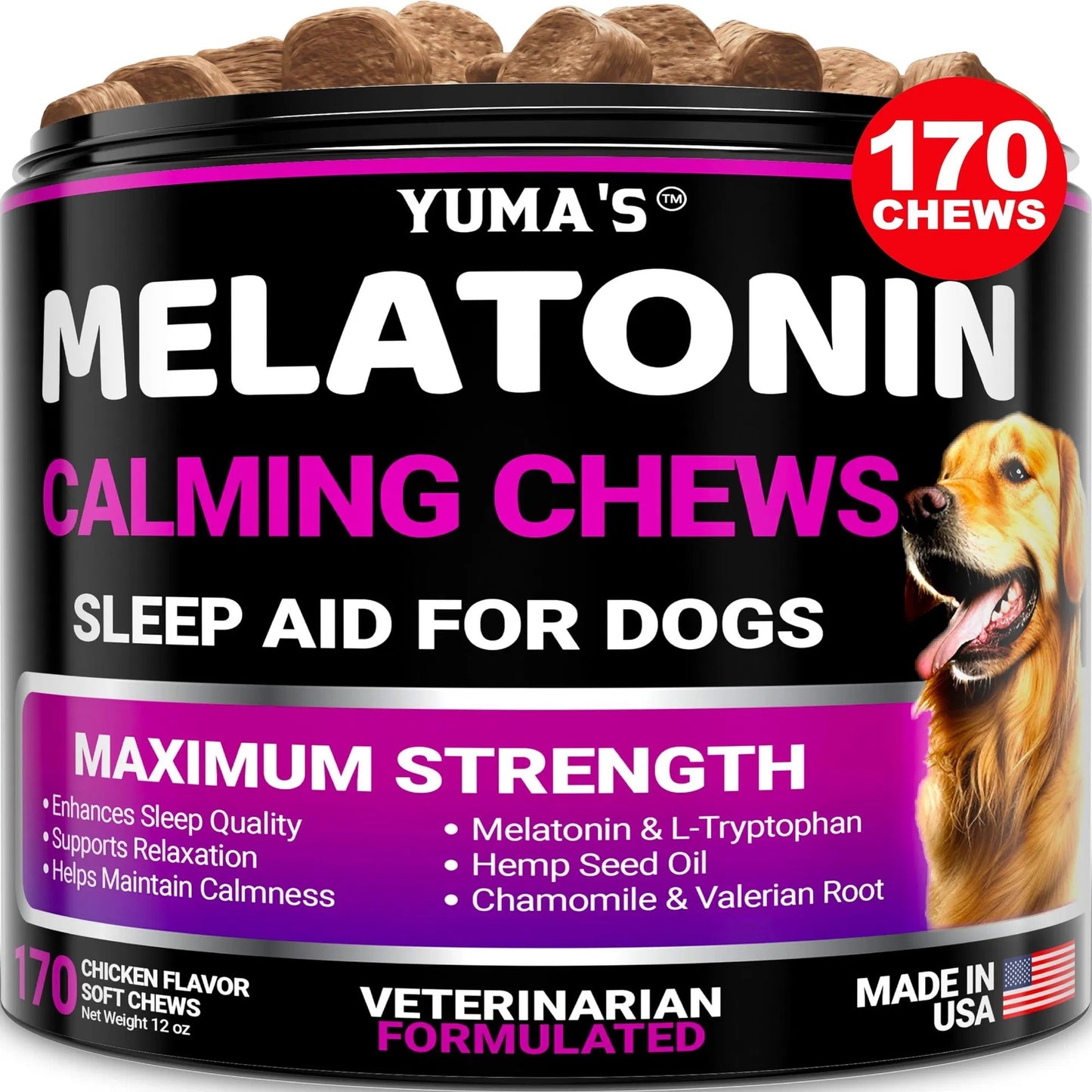 Melatonin Calming Chews for Dogs - 170 Stress Relief Treats Anxiety Relief for Separation, Thunderstorms & Travel Natural Calming Aid - Delicious Soft Chews for Canine Anxiety