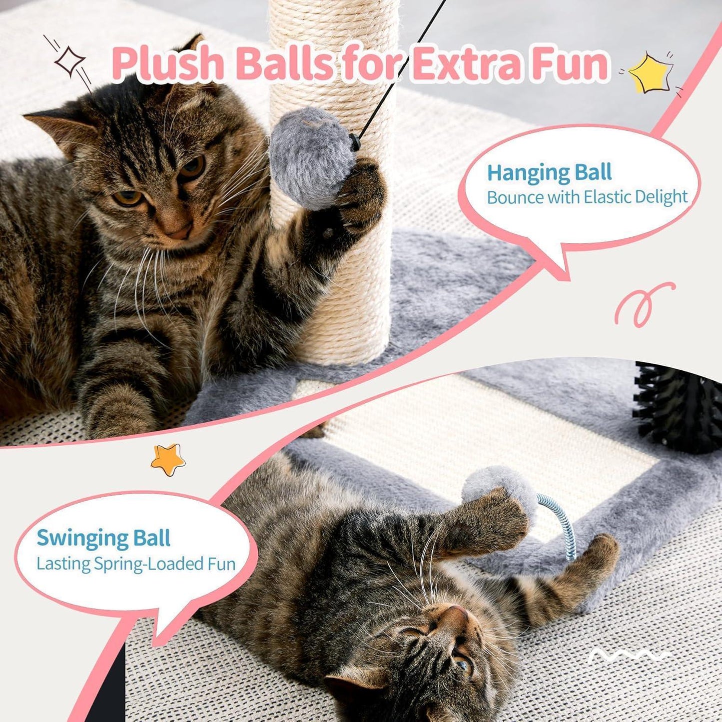 Small 4-in-1 Cat Tree Tower with Self-Grooming Brush Natural Sisal Scratching Post Soft Plush Bed Hanging Ball for Indoor Kittens