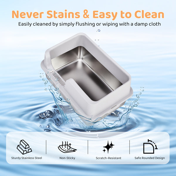 61x40x33CM Stainless Steel Plastic Litter Box Upper Lower Snap Type with Litter Spatula Foot Pad Grey