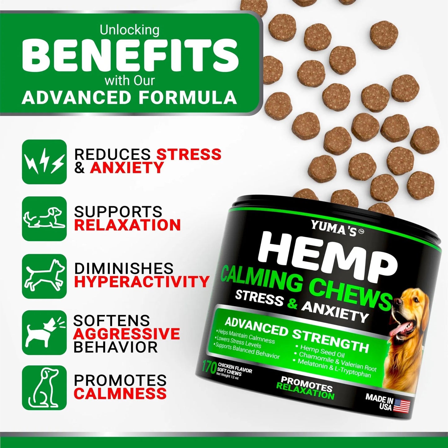 Advanced Natural Hemp Calming Treats for Dogs - 170 Delicious Chews Anxiety Relief for Separation, Barking & Thunderstorms - with Melatonin & Hemp Oil