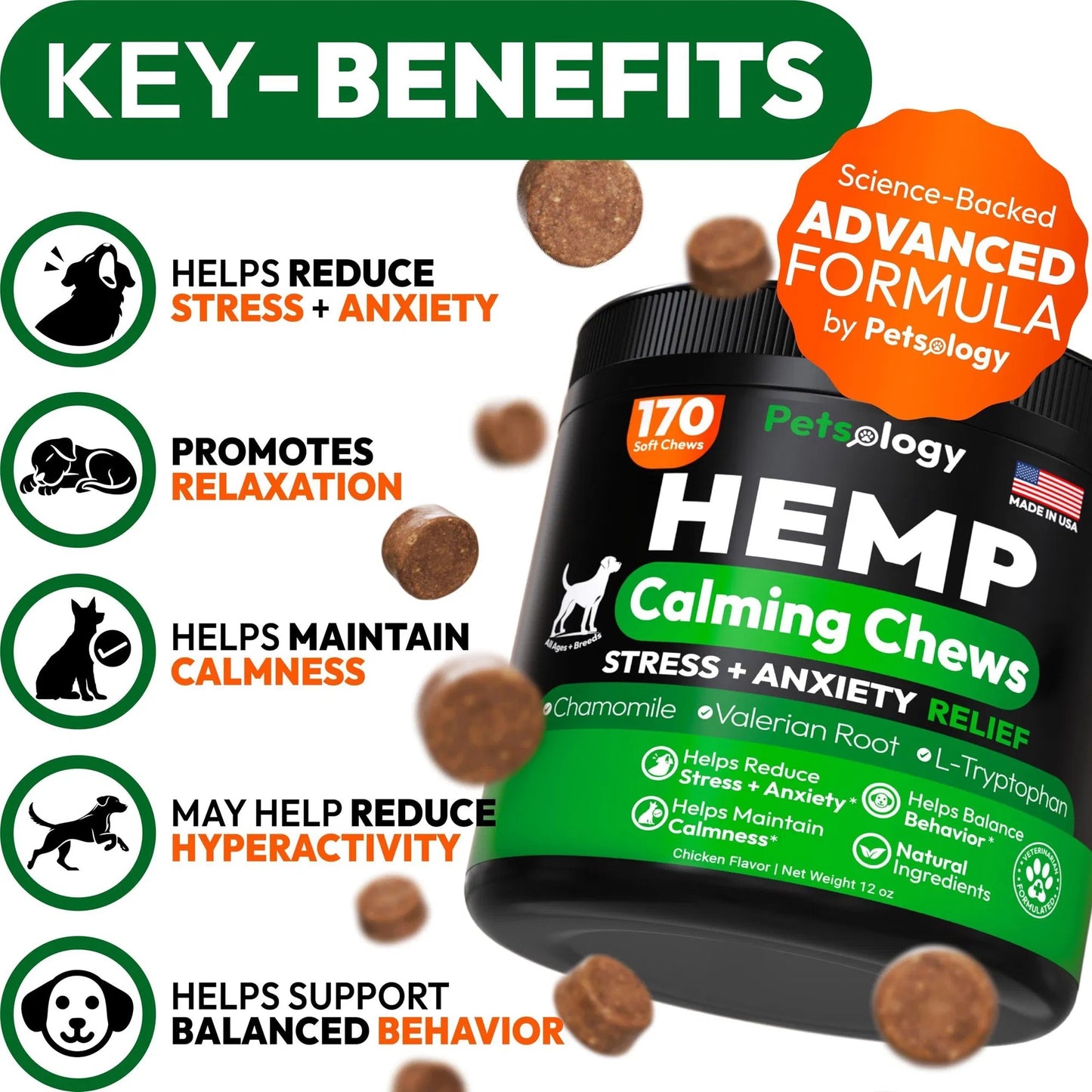 Natural Hemp Calming Chews for Dogs - Anxiety Relief 170-Count Soft Treats for Thunder, Fireworks & Separation Melatonin & Hemp Oil Formula - USA-Made, Vet-Formulated