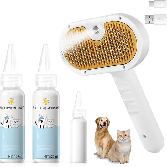 Universal 3 in 1 Pet Steam Brush for Cats Dogs Spray Hair Removal Comb with Waterless Shampoo Ear Towel Pet Grooming Tool for Home Travel Easy Grooming Deshedding Cleaning