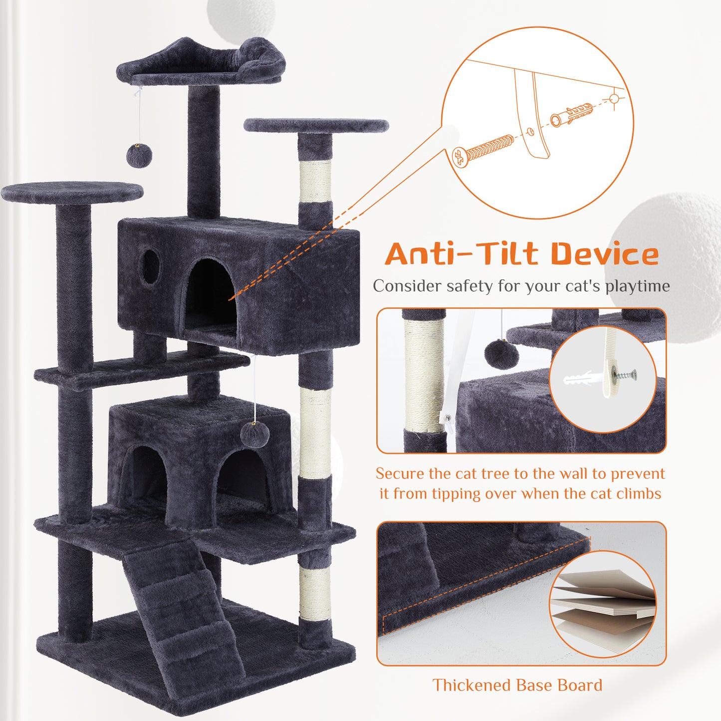 Multi-Functional Cat Treehouse Cat Climbing Frame with Scratching Posts Perches Hammock Toy Balls Sisal Rope Cat Activity Center for Indoor Cats Kittens Multi-Level Cat Furniture Scratch Resistant Pet Supplies