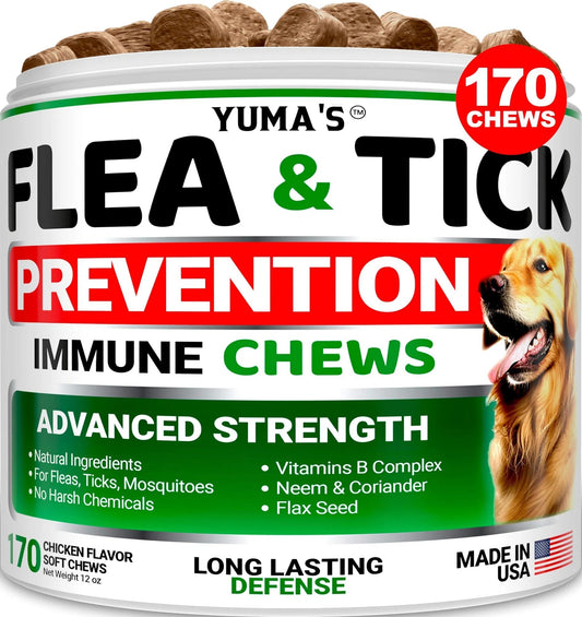 USA-Made Natural Flea & Tick Chewables for Dogs - 170 Treats All-Breed & All-Age Prevention - Delicious Tasty Flea Tick Treatment