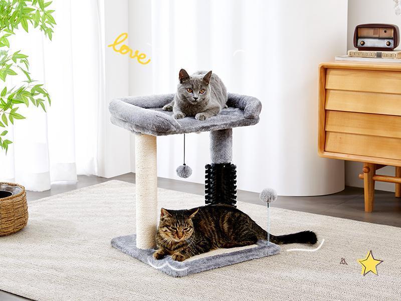 Small 4-in-1 Cat Tree Tower with Self-Grooming Brush Natural Sisal Scratching Post Soft Plush Bed Hanging Ball for Indoor Kittens