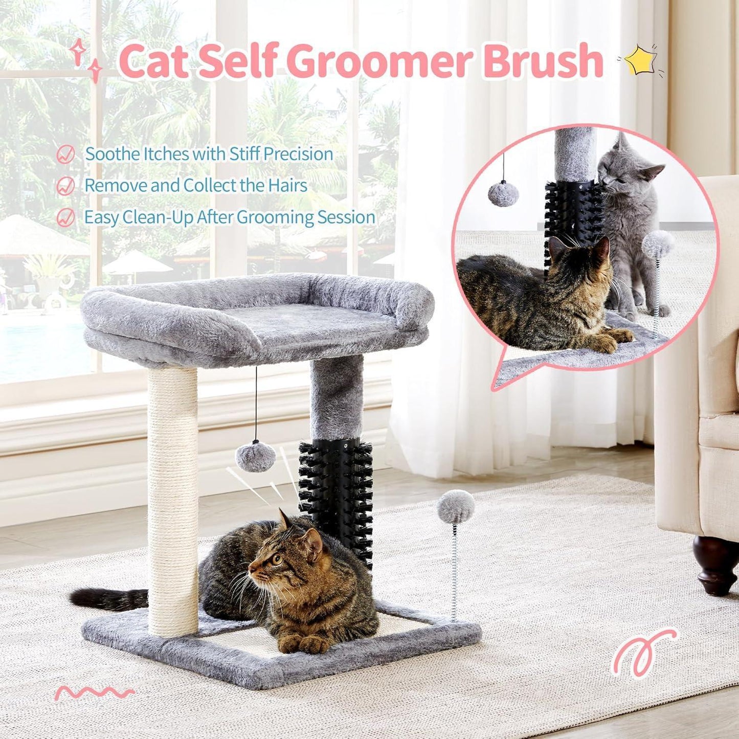Small 4-in-1 Cat Tree Tower with Self-Grooming Brush Natural Sisal Scratching Post Soft Plush Bed Hanging Ball for Indoor Kittens