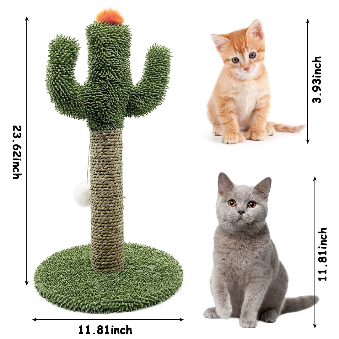 Cactus Shaped 2 in 1 Cat Climbing Tree Solid Wooden Base Natural Sisal Scratching Post with Suspended Balls Indoor Multi Level Activity Center for Climbing Claw Sharpening Play Cat Tree