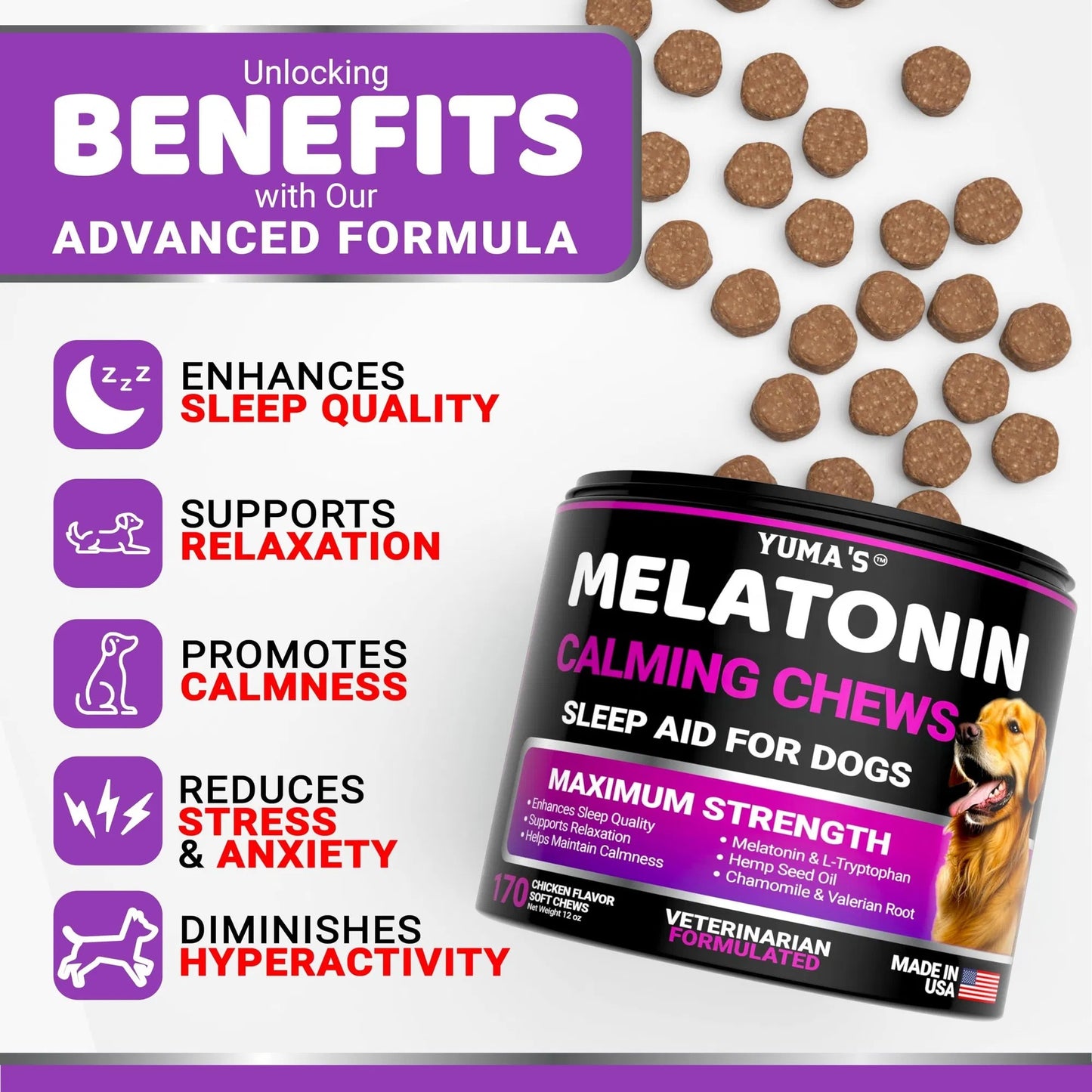 Melatonin Calming Chews for Dogs - 170 Stress Relief Treats Anxiety Relief for Separation, Thunderstorms & Travel Natural Calming Aid - Delicious Soft Chews for Canine Anxiety