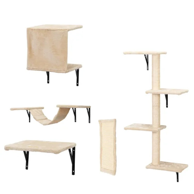 5 Pcs Wall Mounted Cat Climber Set Floating Cat Shelves Perches Activity Tree with Scratching Posts Modern Cat Furniture for Indoor Cats Wall Mounted Cat Steps Scratching Platforms Set