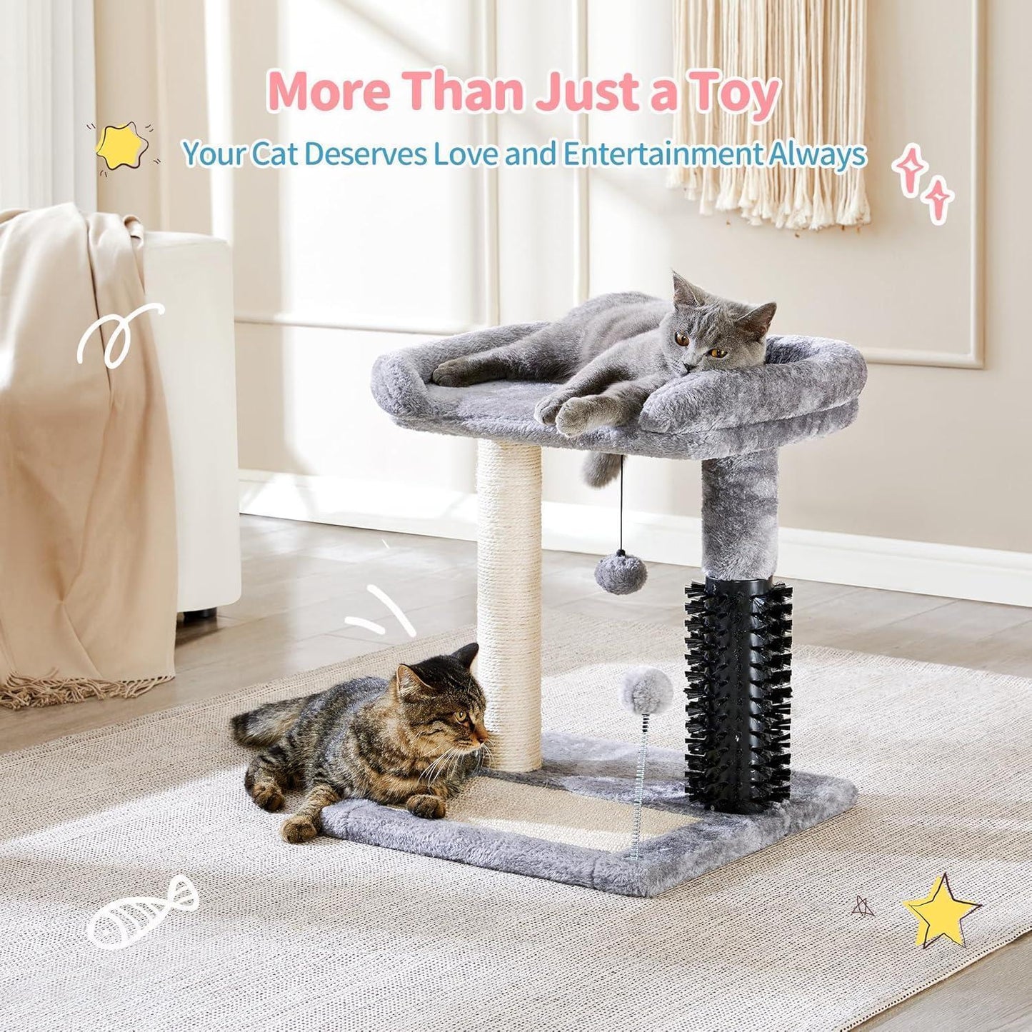 Small 4-in-1 Cat Tree Tower with Self-Grooming Brush Natural Sisal Scratching Post Soft Plush Bed Hanging Ball for Indoor Kittens