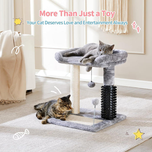 Small 4-in-1 Cat Tree Tower with Self-Grooming Brush Natural Sisal Scratching Post Soft Plush Bed Hanging Ball for Indoor Kittens