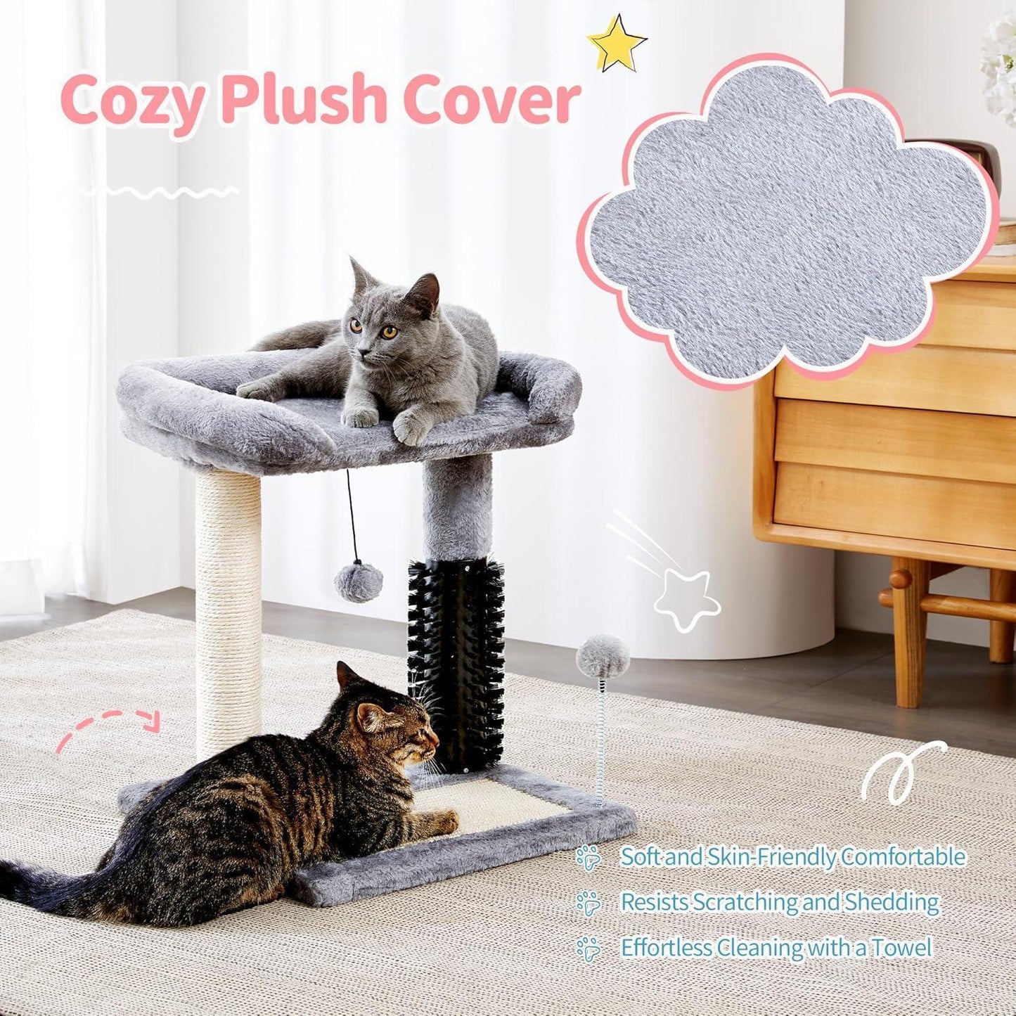 Small 4-in-1 Cat Tree Tower with Self-Grooming Brush Natural Sisal Scratching Post Soft Plush Bed Hanging Ball for Indoor Kittens