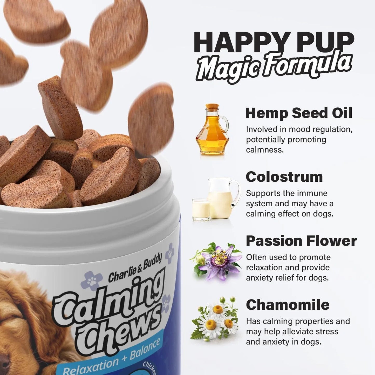 Natural Calming Chews for Dogs - Anxiety Relief with Melatonin, Chamomile & Magnesium Citrate Promote Relaxation - 90 Chicken Flavor Soft Chews