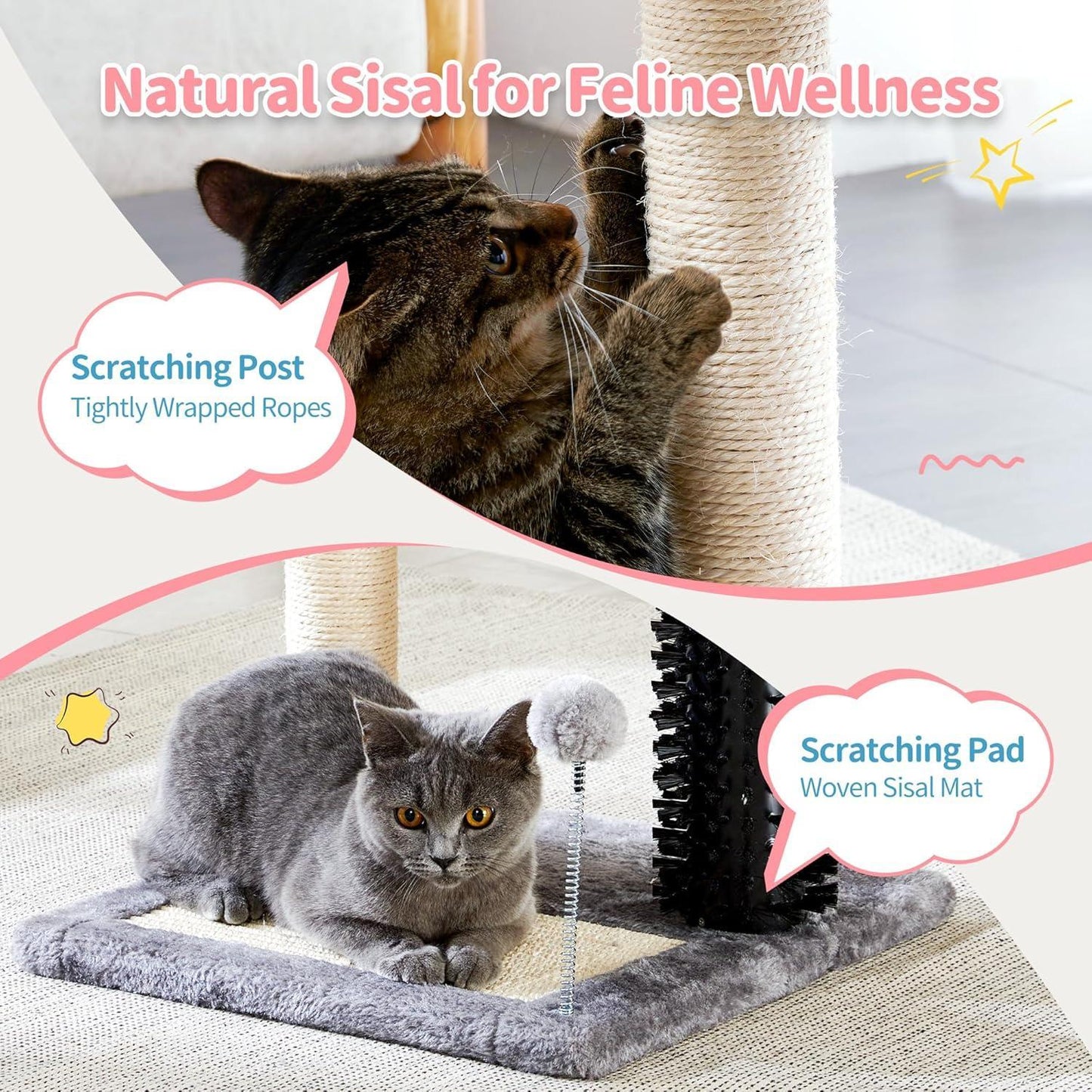 Small 4-in-1 Cat Tree Tower with Self-Grooming Brush Natural Sisal Scratching Post Soft Plush Bed Hanging Ball for Indoor Kittens
