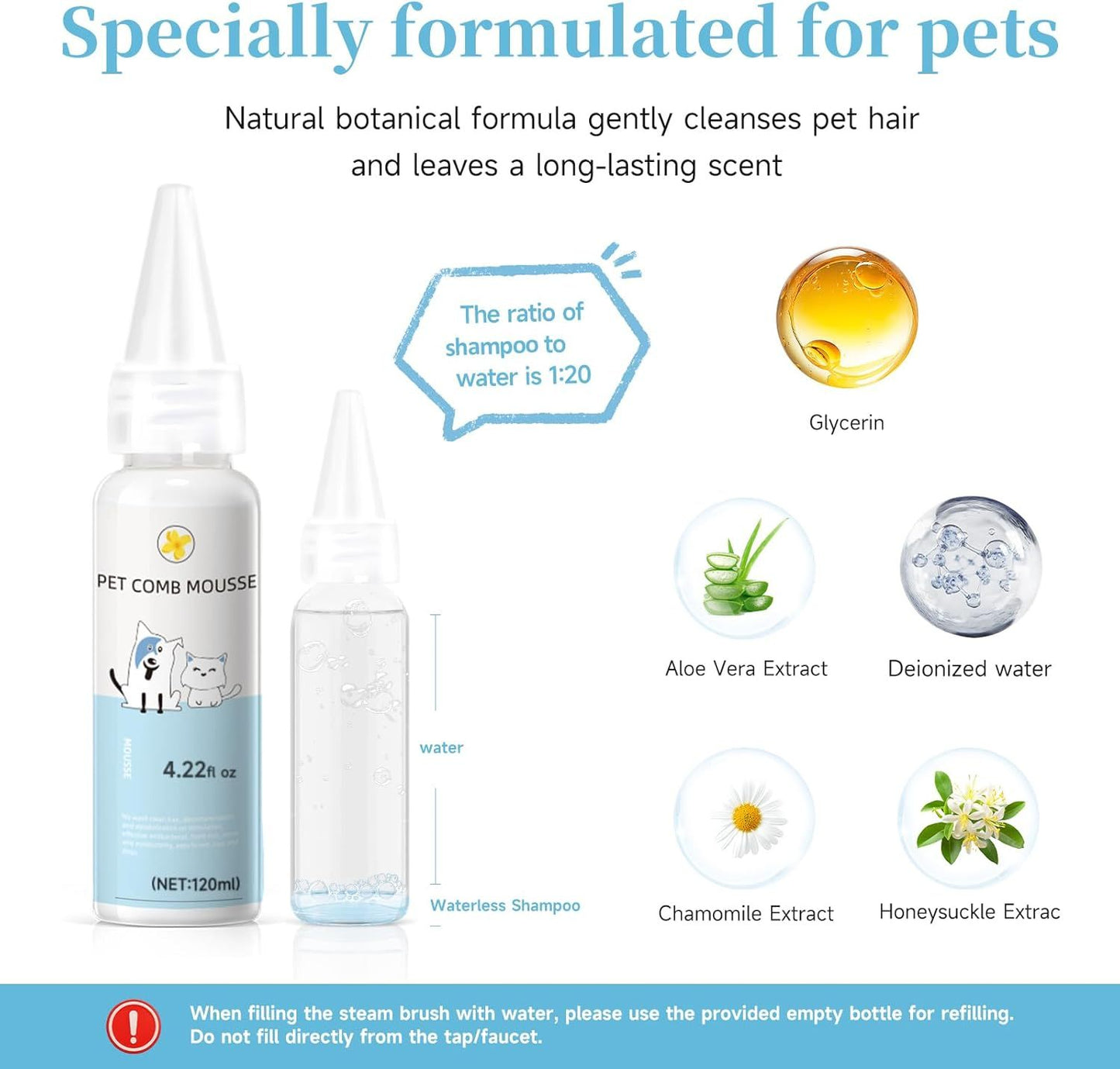 Universal 3 in 1 Pet Steam Brush for Cats Dogs Spray Hair Removal Comb with Waterless Shampoo Ear Towel Pet Grooming Tool for Home Travel Easy Grooming Deshedding Cleaning