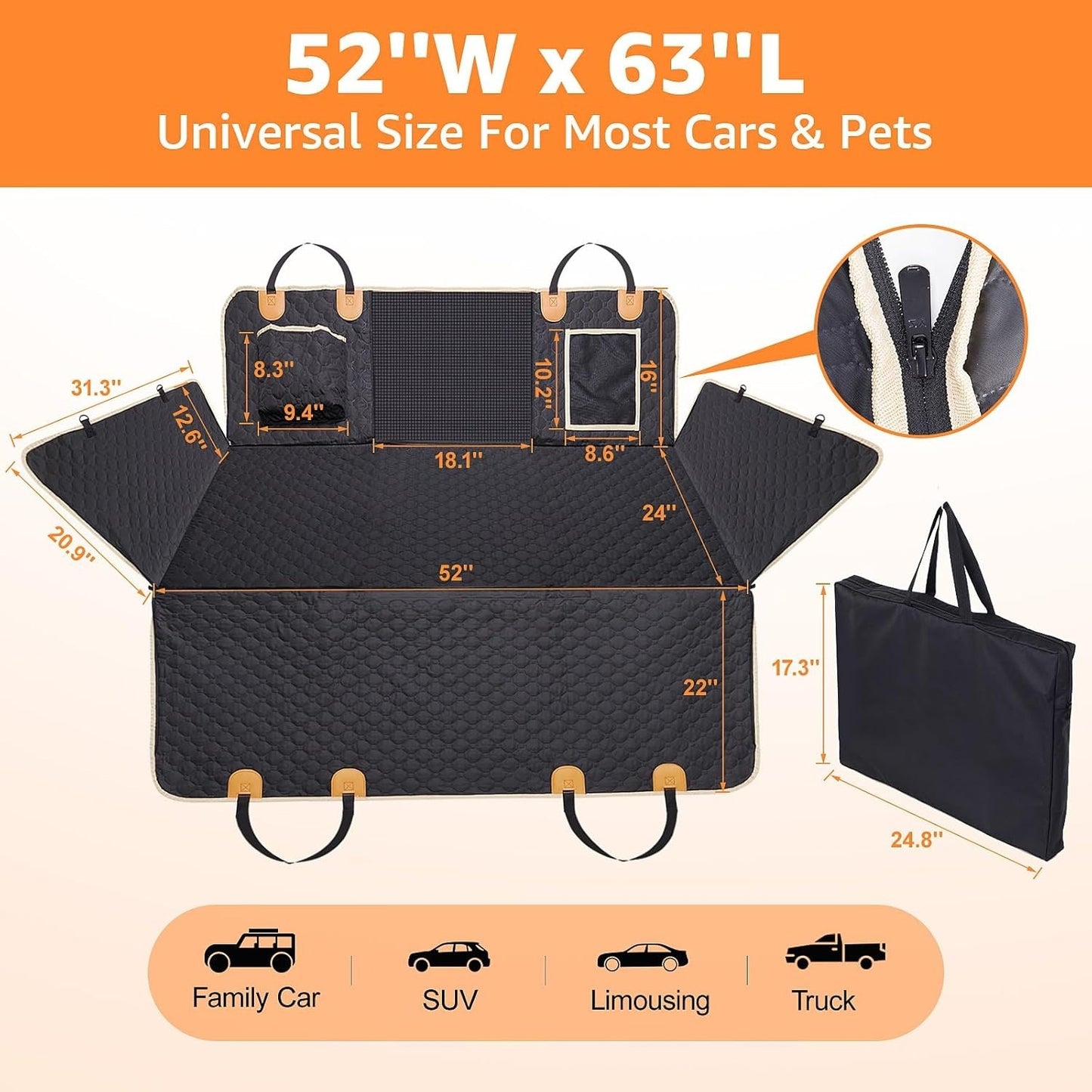 Premium Dog Car Back Seat Extender - Waterproof Hammock | 600D Heavy Duty, Scratch Proof, Non-Slip | Hard Bottom Detachable for SUVs, Travel