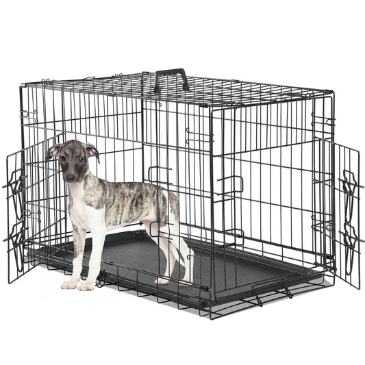 2-Door Dog Cage Heavy Duty Metal Dog Crate with Double Doors Foldable Portable Pet Kennel for Medium Large Dogs Indoor Outdoor Travel Crate with Divider Tray Leak-Proof Design Pet Supplies