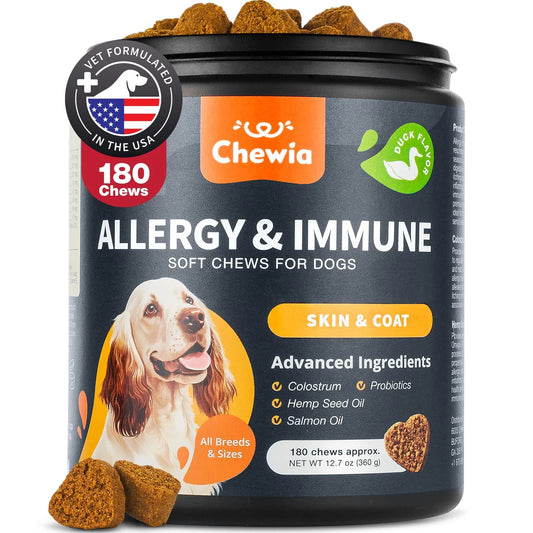 Vet-Formulated USA Dog Allergy Relief Chews Anti-Itch Skin Relief with Salmon Oil - Immune Support Seasonal Allergies, Hot Spots & Itching - Delicious Soft Treats