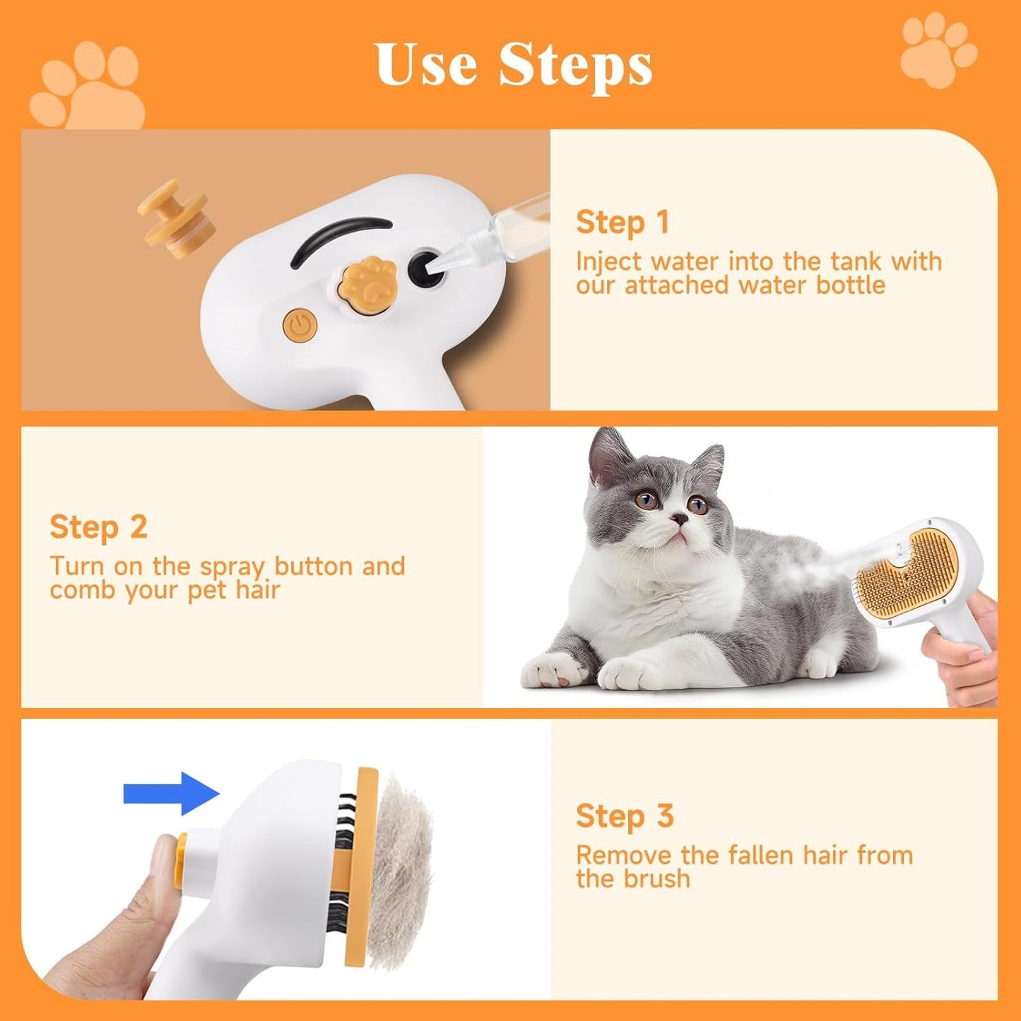 Universal 3 in 1 Pet Steam Brush for Cats Dogs Spray Hair Removal Comb with Waterless Shampoo Ear Towel Pet Grooming Tool for Home Travel Easy Grooming Deshedding Cleaning