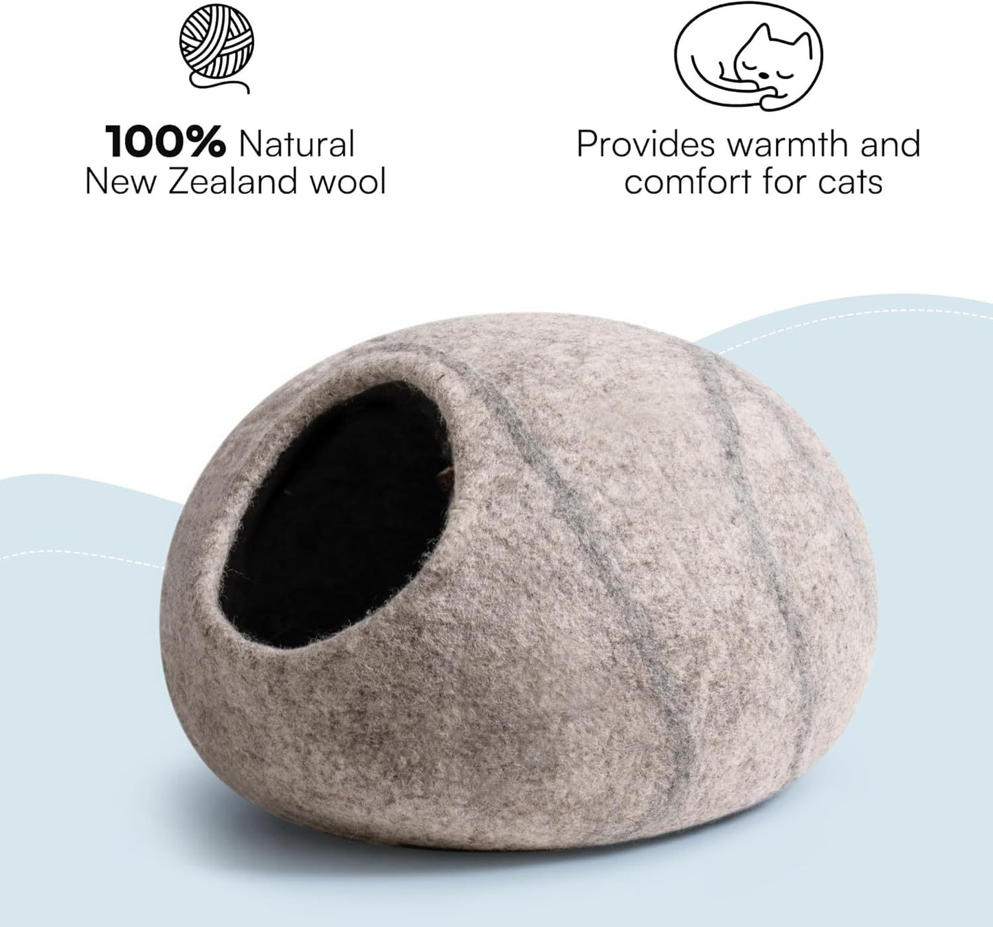 MEWOOFUN Handmade Wool Cat Cave Bed - Natural Felt Cat House For Indoor Cats & Kittens, Cozy Hideaway Pet Bed With Breathable Design Grey, Medium