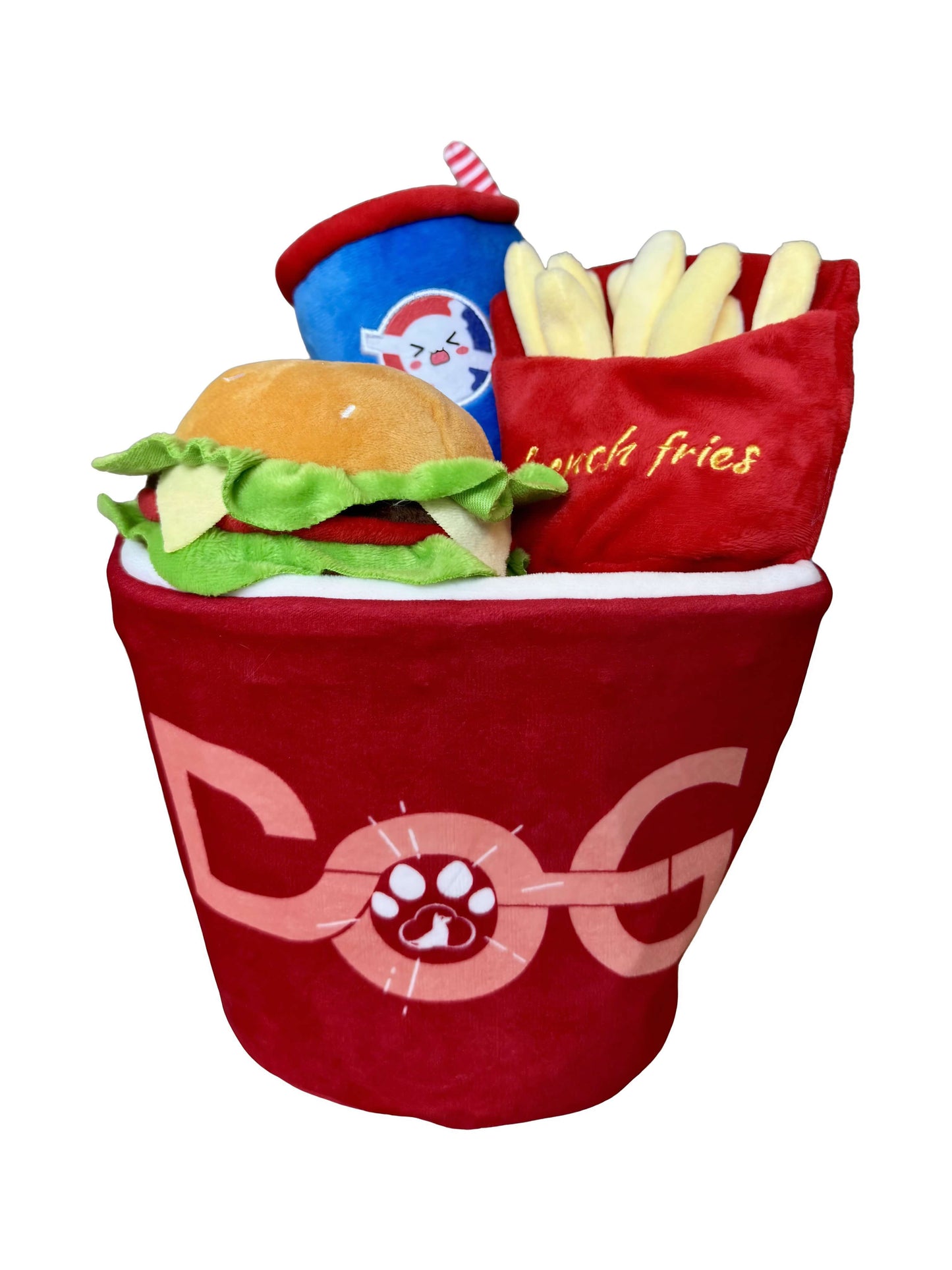 4 in 1 Fast Food Bucket Dog Toy Set Squeaky Plush Bucket Fries Soda Burger Interactive Chew Toys for Dogs Puppies Pet Teething Play Set