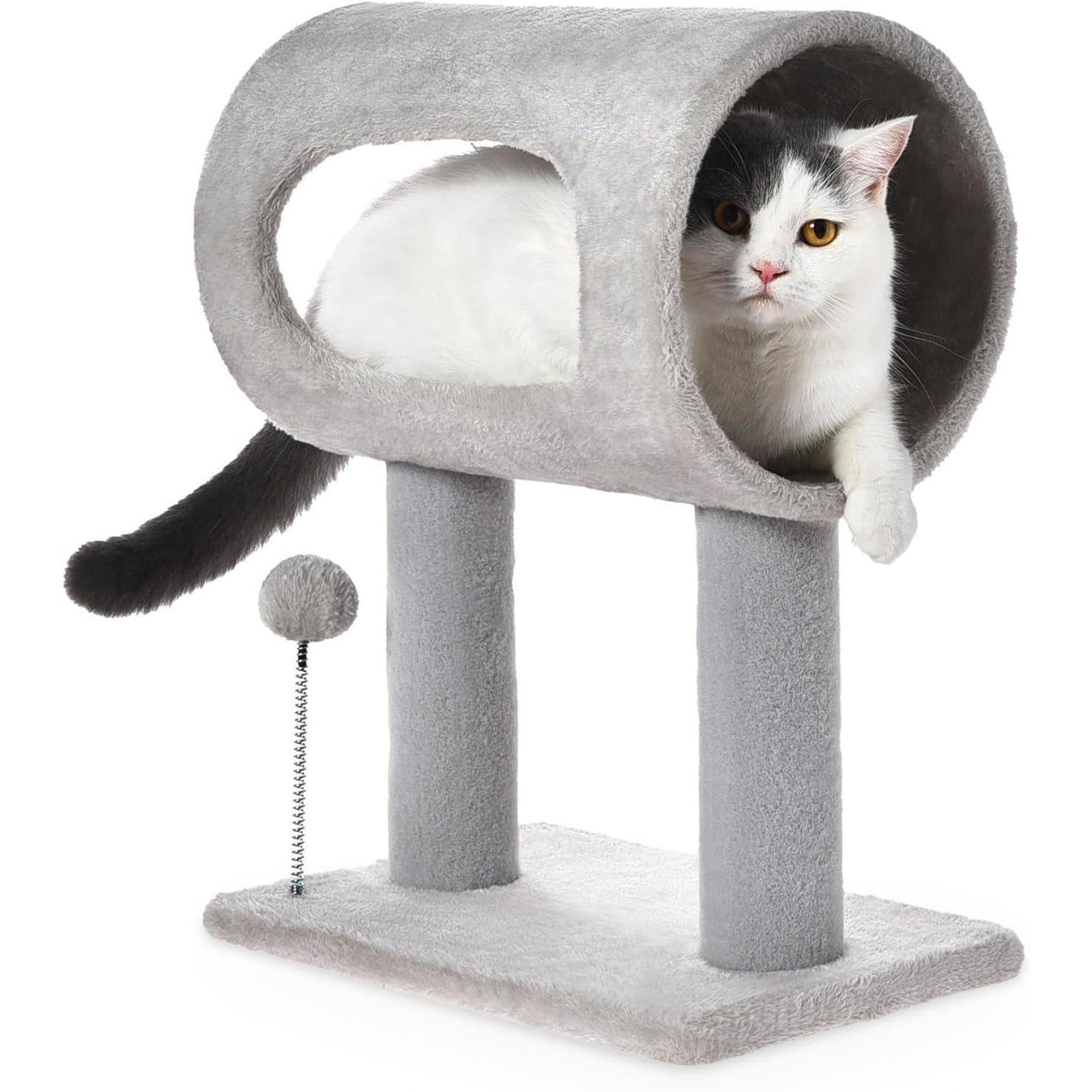 Premium Gray Indoor Cat Tree - 20.5in with Hanging Ball | Tunnel Bed, Scratching Post & Cat Tower