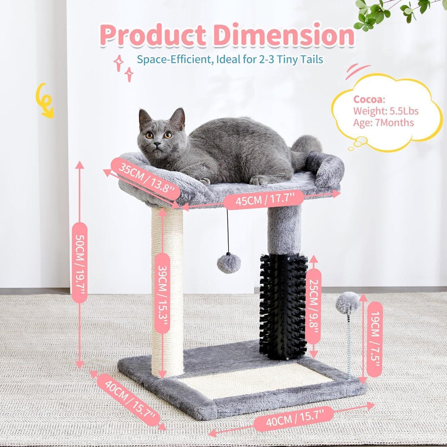 Small 4-in-1 Cat Tree Tower with Self-Grooming Brush Natural Sisal Scratching Post Soft Plush Bed Hanging Ball for Indoor Kittens