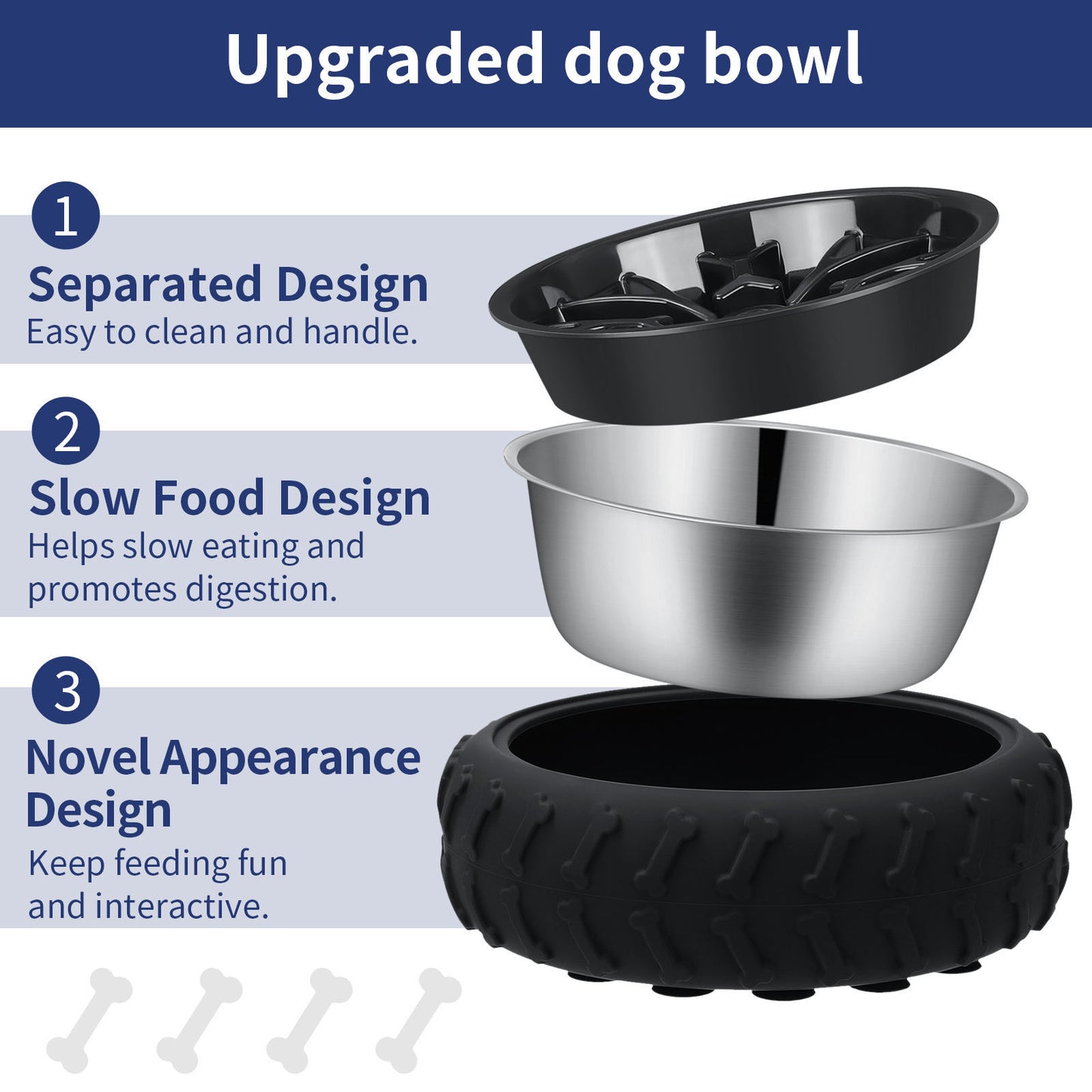 Stainless Steel Healthy Slow Feeder Bowl 3-in-1 Multifunctional Pet Bowl Tire Design Slow Feeding Drinking Bowl for Dogs Cats Anti-Choke Non-Slip Pet Food Bowl Durable Pet Supplies