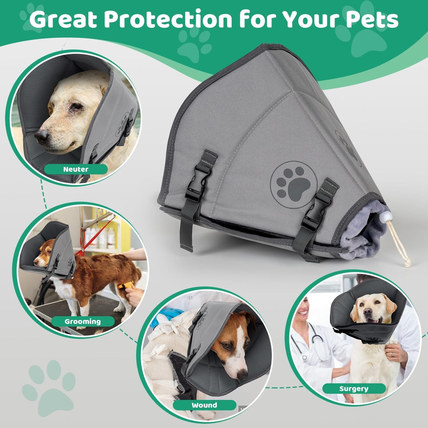 IFurffy Dog Cone For After Surgery,Breathable Soft Dog Cone For Large Medium Small Size Dog, Adjustable Drawstring And Buckle Dog Recovery Collar To Stop Licking And Scratching Wound,XL