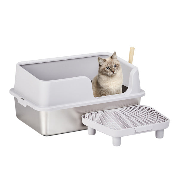 61x40x33CM Stainless Steel Plastic Litter Box Upper Lower Snap Type with Litter Spatula Foot Pad Grey