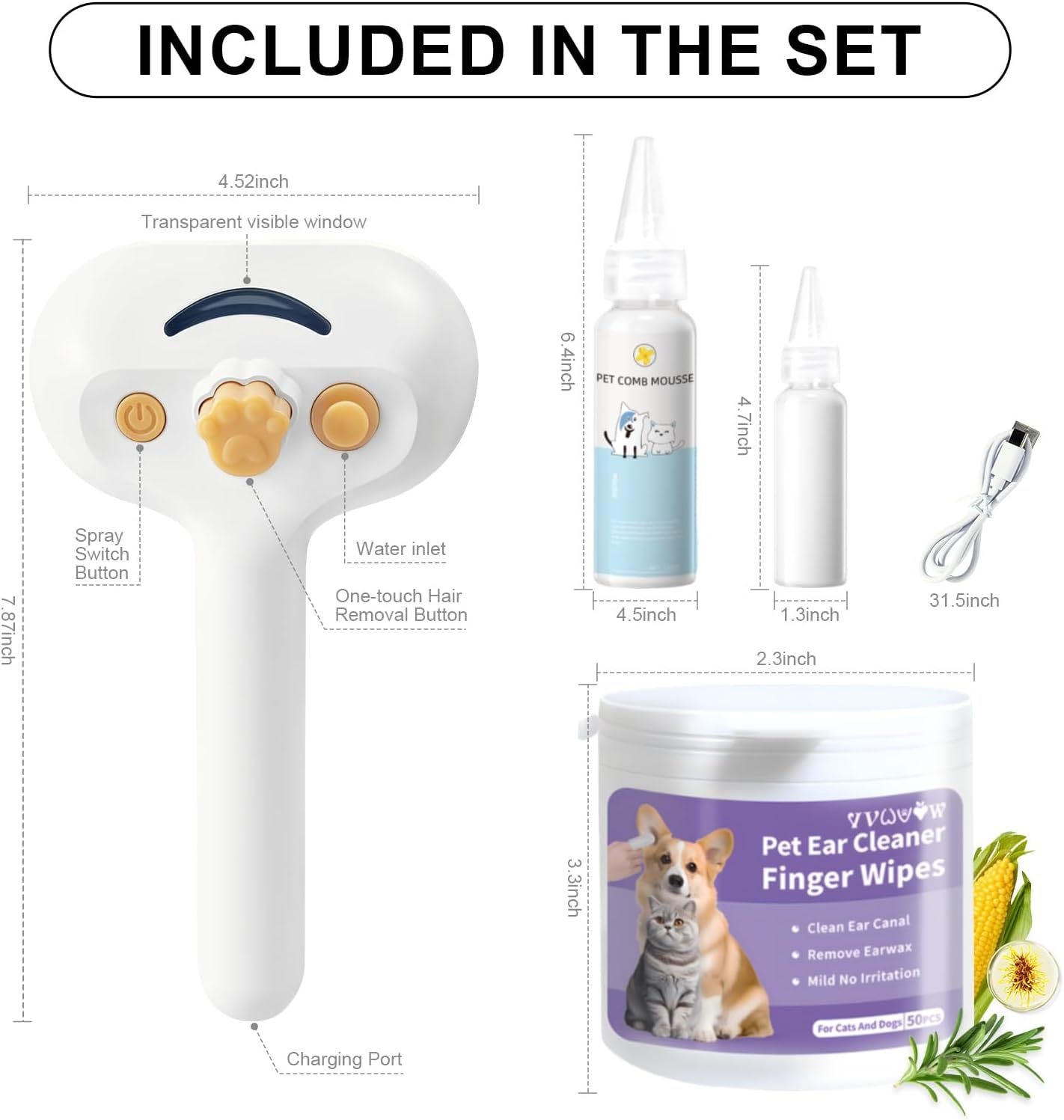 Universal 3 in 1 Pet Steam Brush for Cats Dogs Spray Hair Removal Comb with Waterless Shampoo Ear Towel Pet Grooming Tool for Home Travel Easy Grooming Deshedding Cleaning