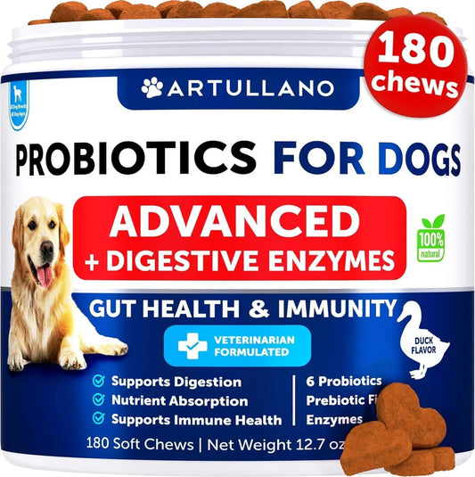 Dog Probiotic Chews - 180 Count with Digestive Enzymes & Prebiotics - Gut Health Support Relieve Itchy Skin, Allergies & Immune Boost Yeast Balance - Reduce Diarrhea, Gas & Constipation