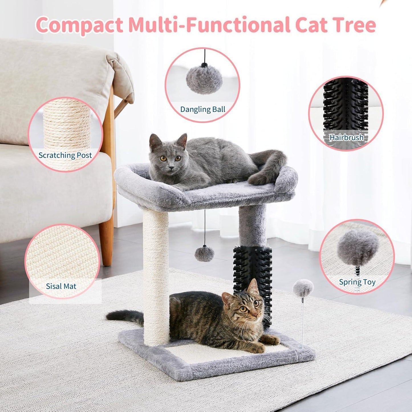 Small 4-in-1 Cat Tree Tower with Self-Grooming Brush Natural Sisal Scratching Post Soft Plush Bed Hanging Ball for Indoor Kittens