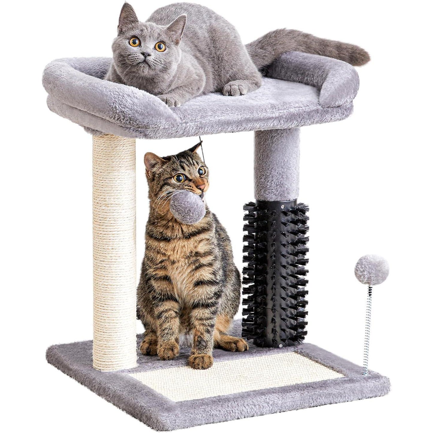Small 4-in-1 Cat Tree Tower with Self-Grooming Brush Natural Sisal Scratching Post Soft Plush Bed Hanging Ball for Indoor Kittens
