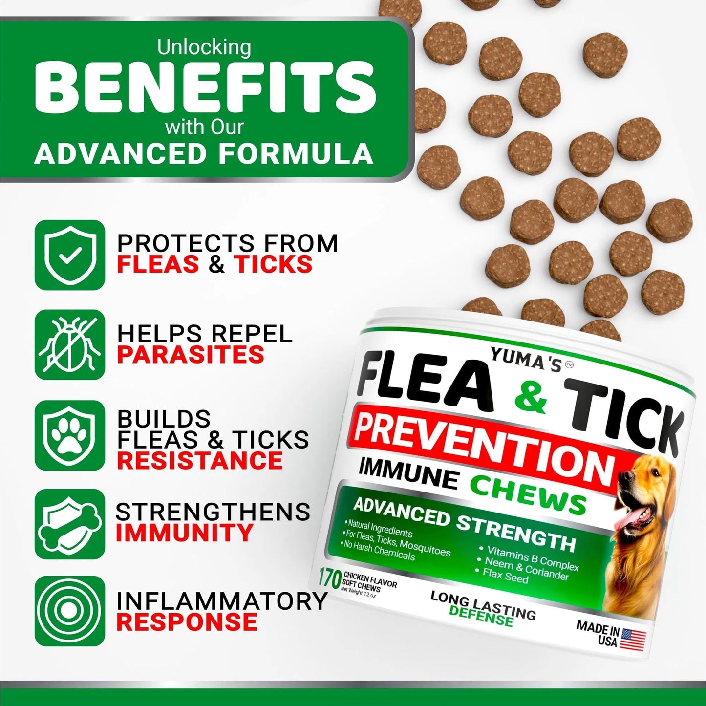 USA-Made Natural Flea & Tick Chewables for Dogs - 170 Treats All-Breed & All-Age Prevention - Delicious Tasty Flea Tick Treatment