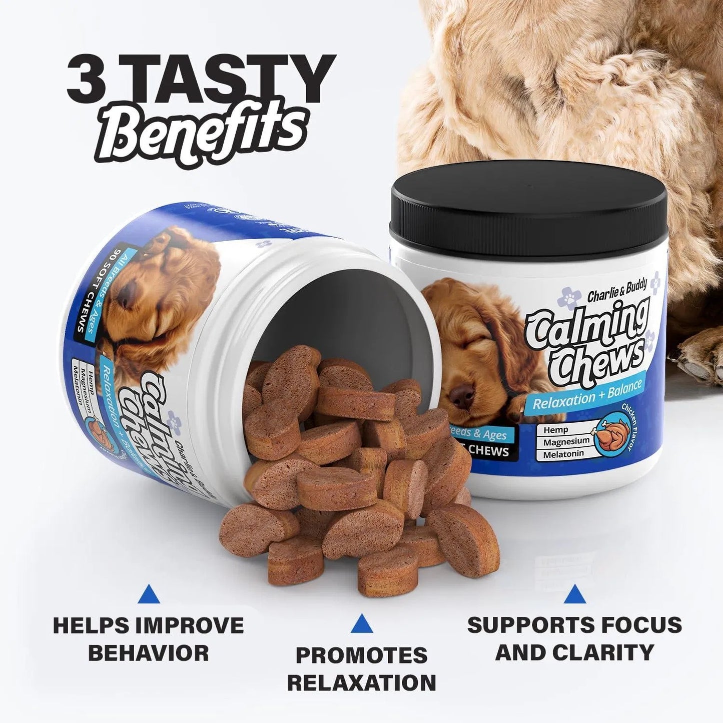 Natural Calming Chews for Dogs - Anxiety Relief with Melatonin, Chamomile & Magnesium Citrate Promote Relaxation - 90 Chicken Flavor Soft Chews