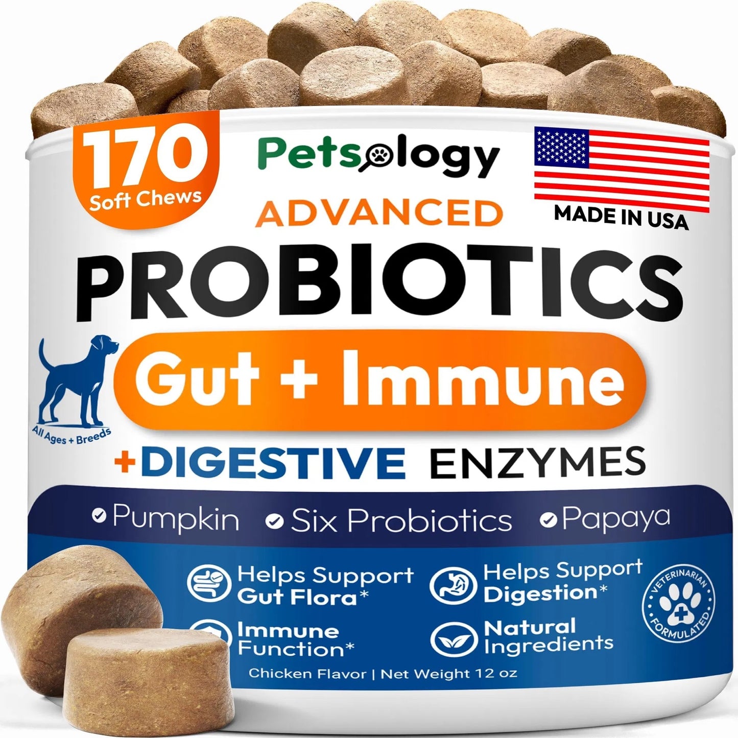 Probiotic Chews for Dogs - 170 Count with Digestive Enzymes & Prebiotics - Gut Health Support Relieves Diarrhea, Gas & Constipation - Allergy Itchy Skin Yeast Balance - All Breeds & Ages Pet Supplement