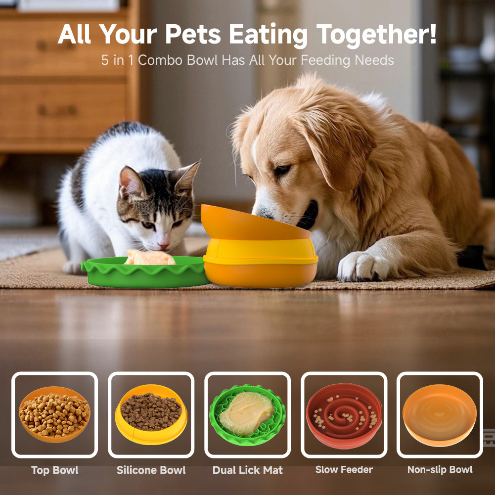 Hamburger - Shaped 5 - in - 1 Multi - layer Pet Bowl Set for Cats & Dogs: Top Bowl, Silicone Bowl, Dual Lick Mat, Slow Feeder, Non - slip Bowl