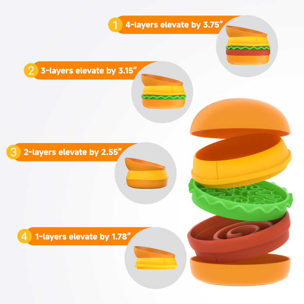 Hamburger - Shaped 5 - in - 1 Multi - layer Pet Bowl Set for Cats & Dogs: Top Bowl, Silicone Bowl, Dual Lick Mat, Slow Feeder, Non - slip Bowl