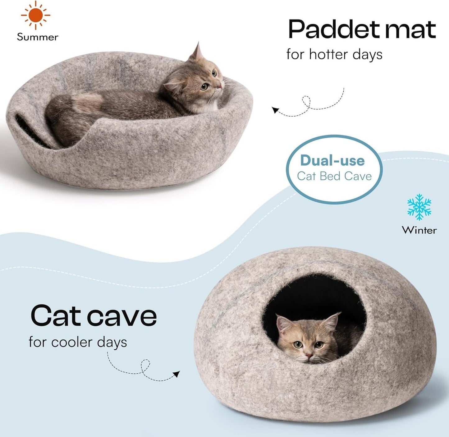 MEWOOFUN Handmade Wool Cat Cave Bed - Natural Felt Cat House For Indoor Cats & Kittens, Cozy Hideaway Pet Bed With Breathable Design Grey, Medium