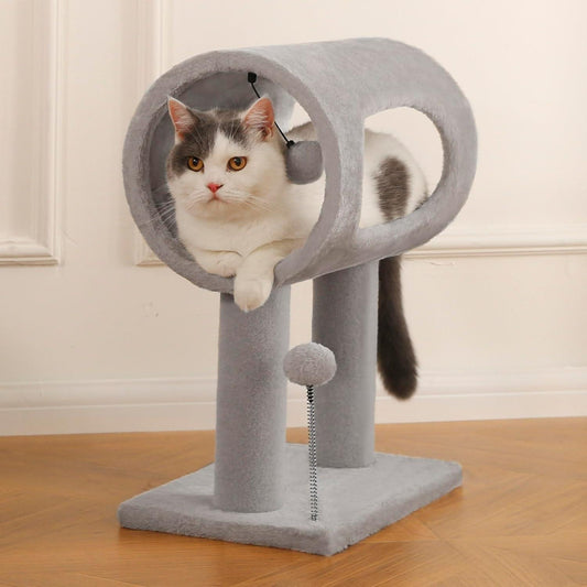 Premium Gray Indoor Cat Tree - 20.5in with Hanging Ball | Tunnel Bed, Scratching Post & Cat Tower