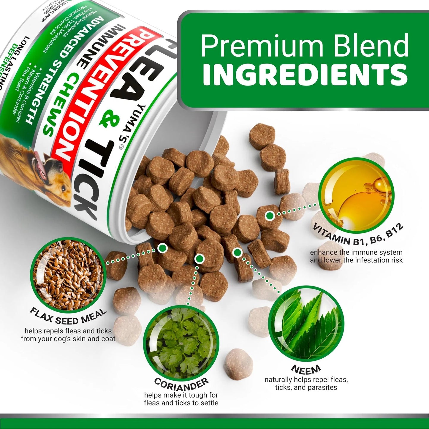 USA-Made Natural Flea & Tick Chewables for Dogs - 170 Treats All-Breed & All-Age Prevention - Delicious Tasty Flea Tick Treatment