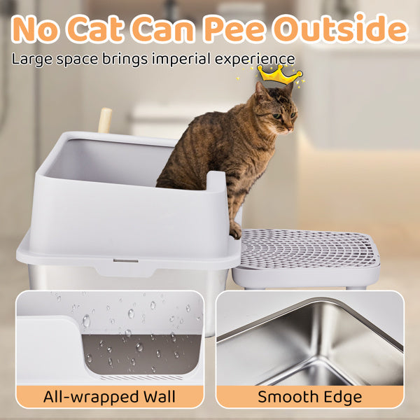 61x40x33CM Stainless Steel Plastic Litter Box Upper Lower Snap Type with Litter Spatula Foot Pad Grey