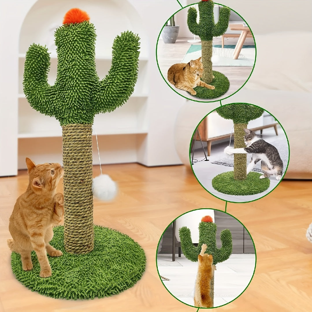 Cactus Shaped 2 in 1 Cat Climbing Tree Solid Wooden Base Natural Sisal Scratching Post with Suspended Balls Indoor Multi Level Activity Center for Climbing Claw Sharpening Play Cat Tree