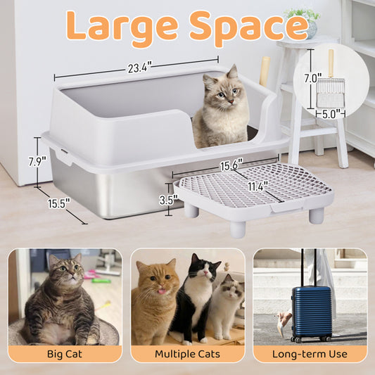 61x40x33CM Stainless Steel Plastic Litter Box Upper Lower Snap Type with Litter Spatula Foot Pad Grey