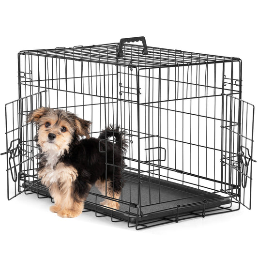 2-Door Dog Cage Heavy Duty Metal Dog Crate with Double Doors Foldable Portable Pet Kennel for Medium Large Dogs Indoor Outdoor Travel Crate with Divider Tray Leak-Proof Design Pet Supplies