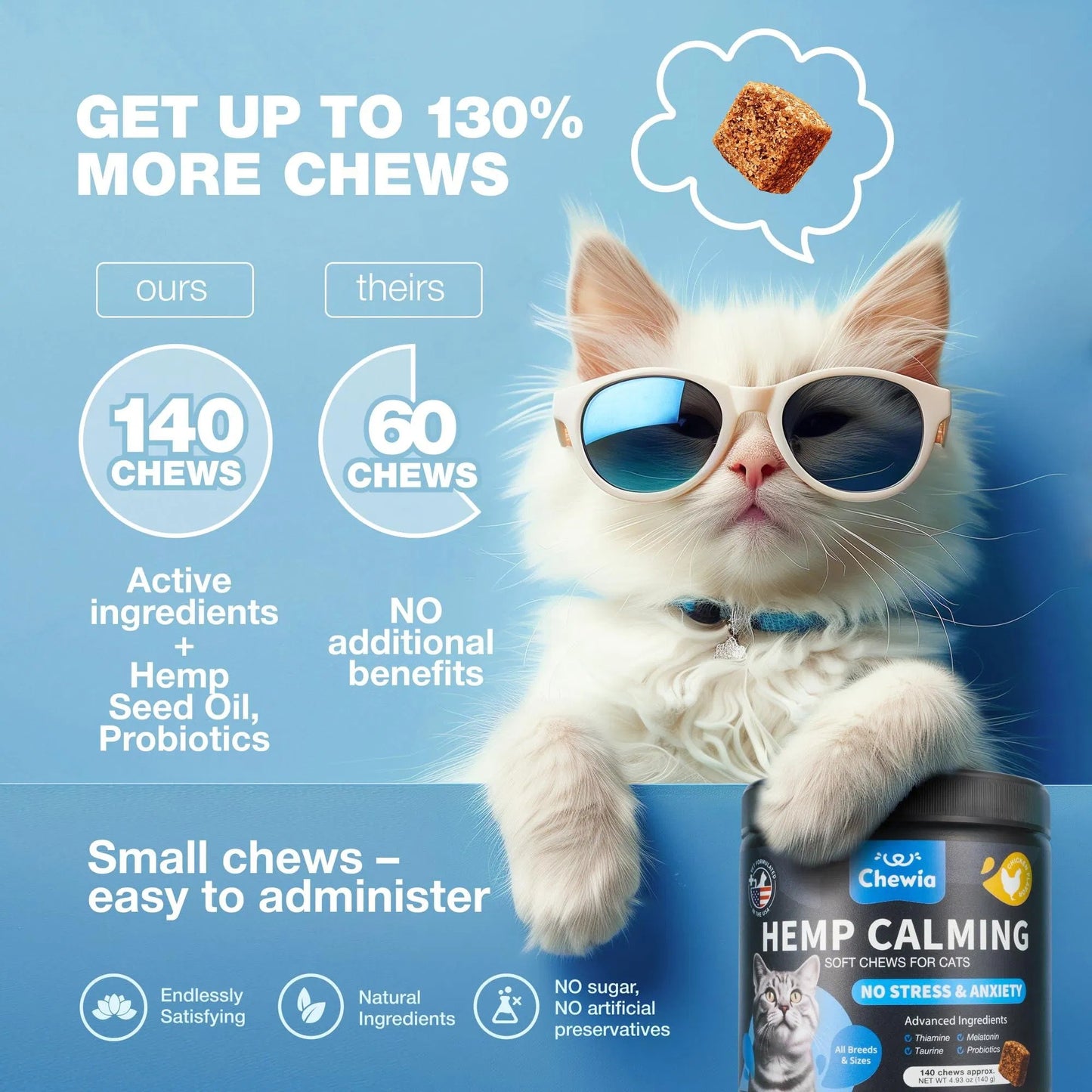 Natural Hemp & Melatonin Calming Treats for Cats with Hemp Seed Oil & Probiotics - Anxiety Relief Storms, Travel, Grooming & Separation - Soft Chews Feline Calming Aid for Stress & Daily Anxiety