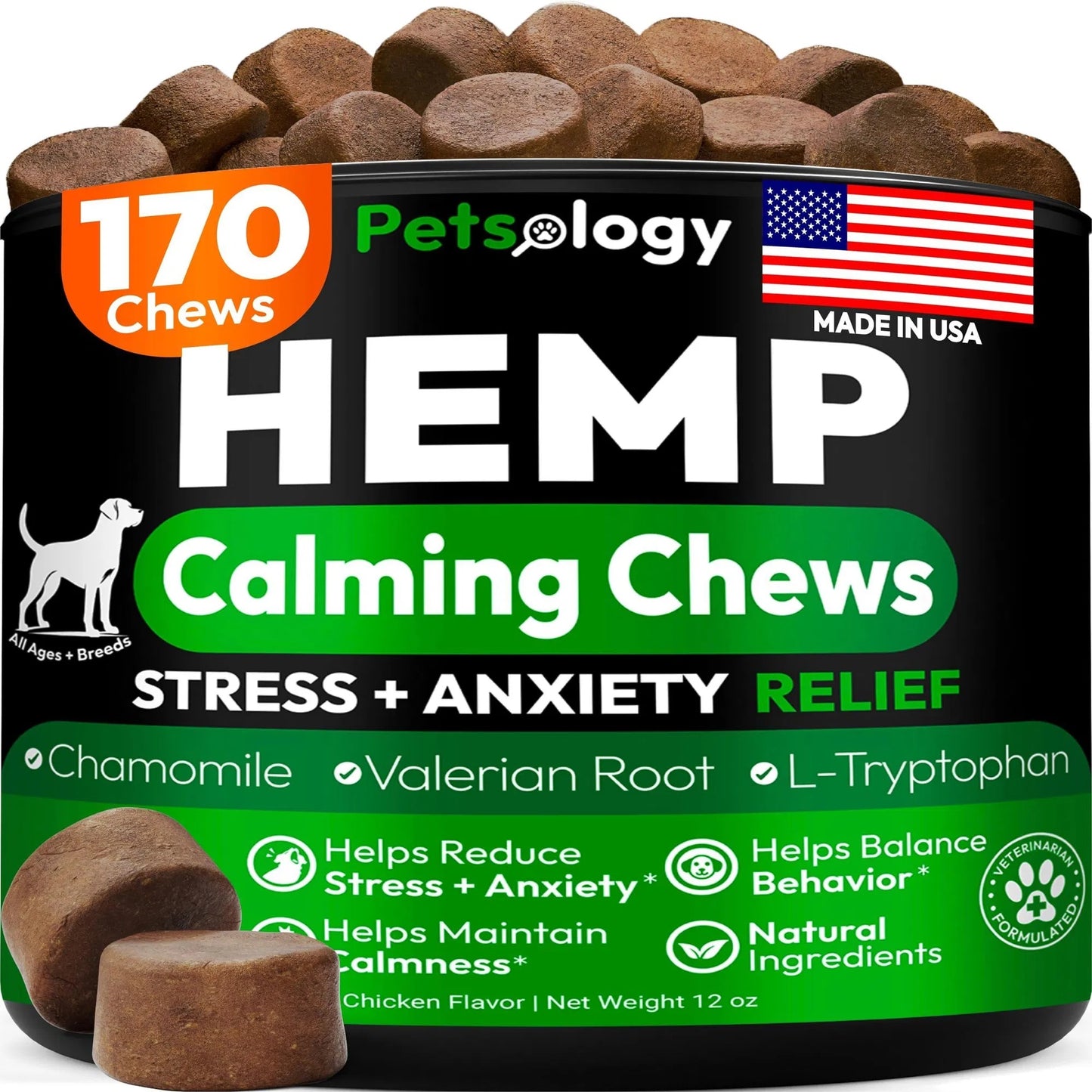 Natural Hemp Calming Chews for Dogs - Anxiety Relief 170-Count Soft Treats for Thunder, Fireworks & Separation Melatonin & Hemp Oil Formula - USA-Made, Vet-Formulated
